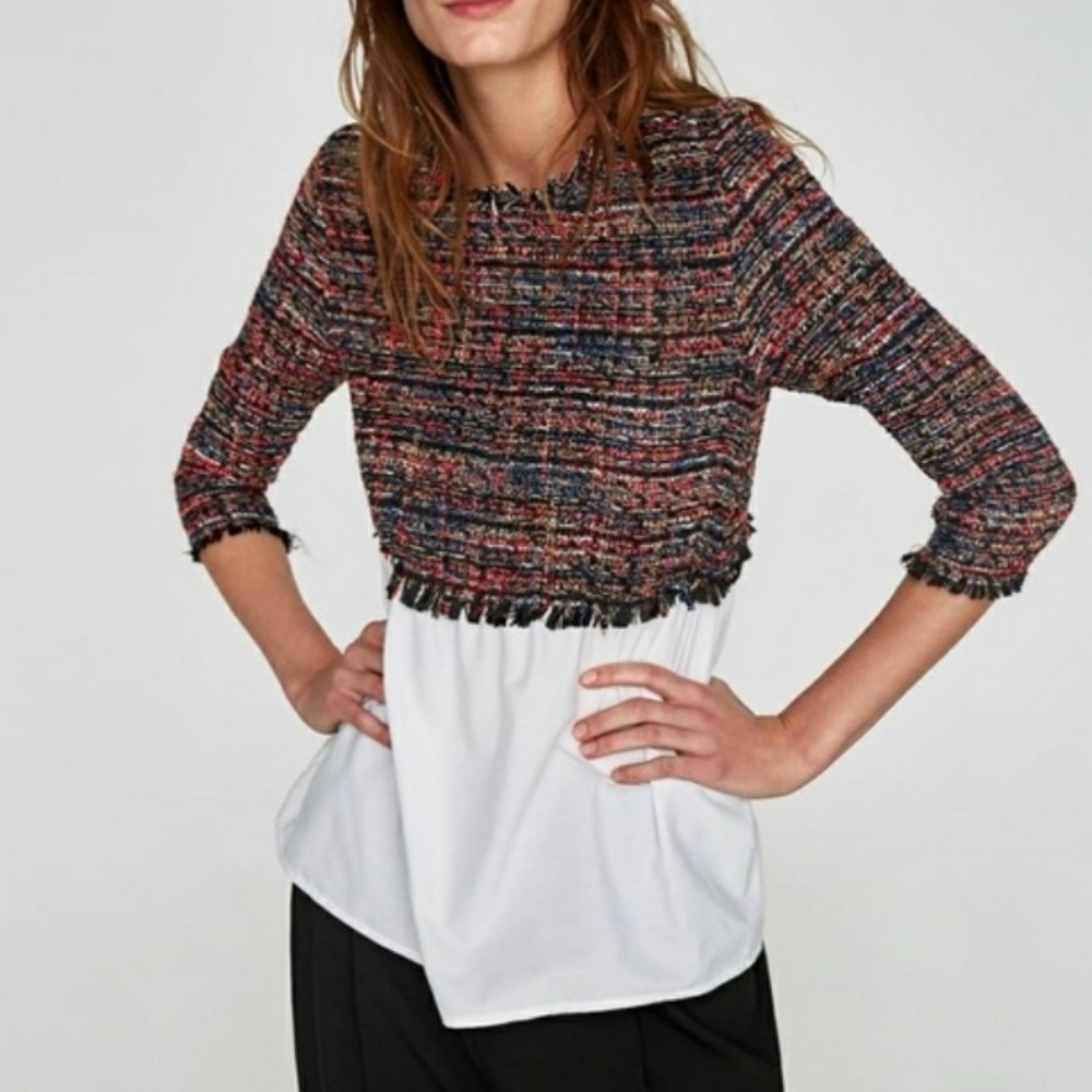 Zara •Contrasting Tweed Top with frayed hems